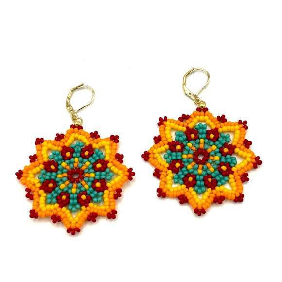 Hand Crafted Colorful Beaded Flower Chunky Earrings Turquoise and Yellow - Picture 4 of 6